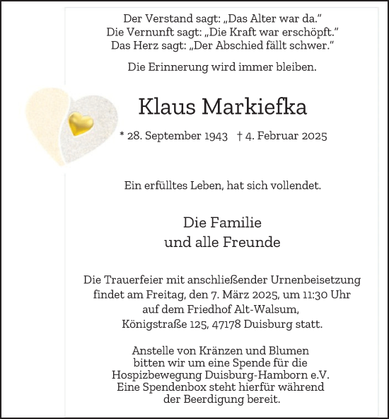 Traueranzeige von Klaus Markiefka von Tageszeitung