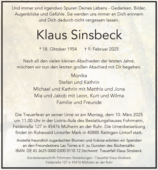Traueranzeige von Klaus Sinsbeck von Tageszeitung