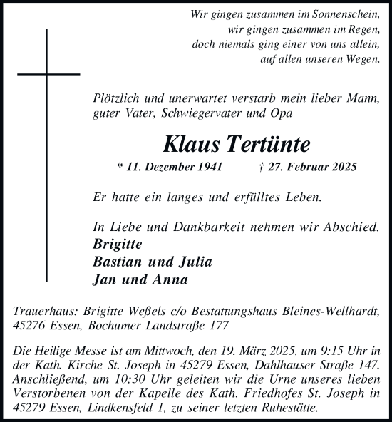 Traueranzeige von Klaus Tertünte von Tageszeitung