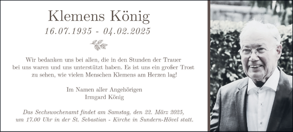  Traueranzeige für Klemens König vom 15.03.2025 aus Tageszeitung