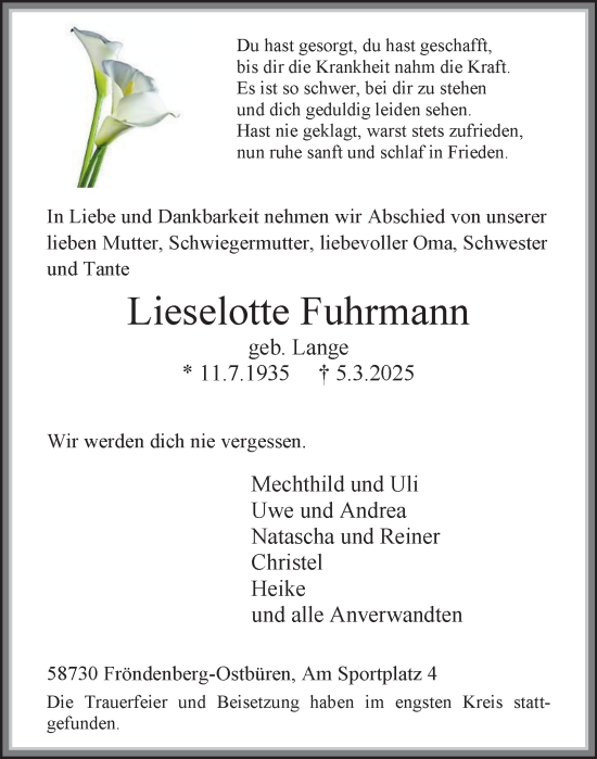 Traueranzeige von Lieselotte Fuhrmann von Tageszeitung