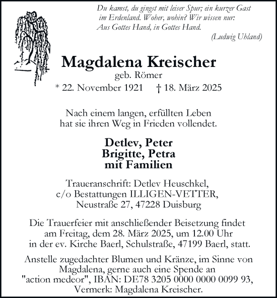Traueranzeige von Magdalena Kreischer von Tageszeitung