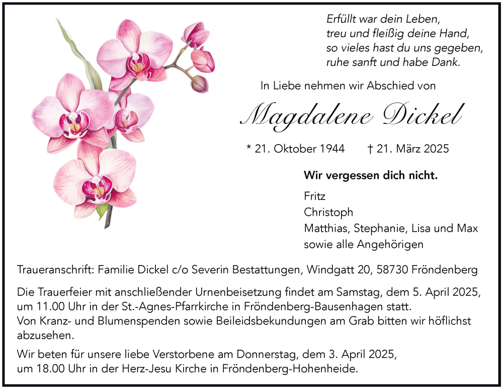  Traueranzeige für Magdalene Dickel vom 29.03.2025 aus Tageszeitung