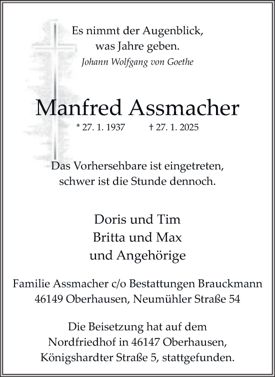 Traueranzeige von Manfred Assmacher von Tageszeitung