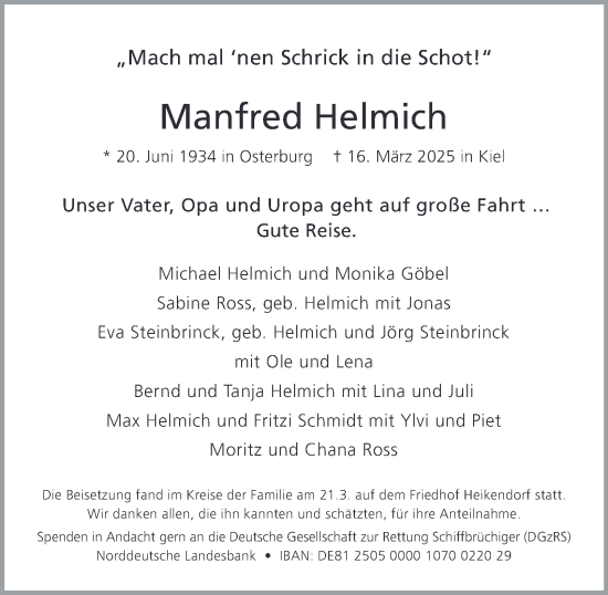 Traueranzeige von Manfred Helmich von Tageszeitung