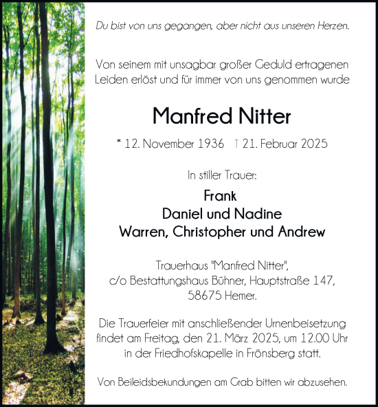 Traueranzeige von Manfred Nitter von Tageszeitung