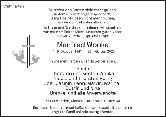 Traueranzeige von Manfred Wonka von Tageszeitung