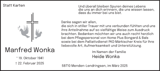 Traueranzeige von Manfred Wonka von Tageszeitung