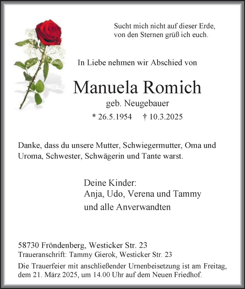  Traueranzeige für Manuela Romich vom 15.03.2025 aus Tageszeitung