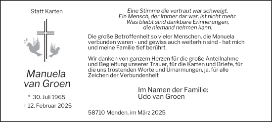 Traueranzeige von Manuela van Groen von Tageszeitung