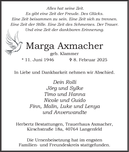 Traueranzeige von Marga Axmacher von Tageszeitung