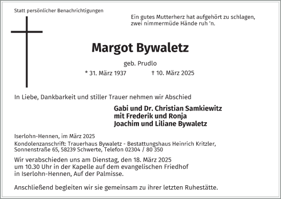 Traueranzeige von Margot Bywaletz von Tageszeitung