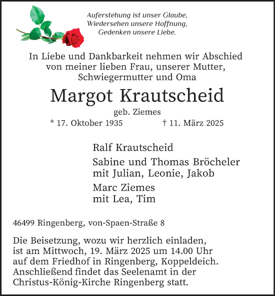 Traueranzeige von Margot Krautscheid von Tageszeitung