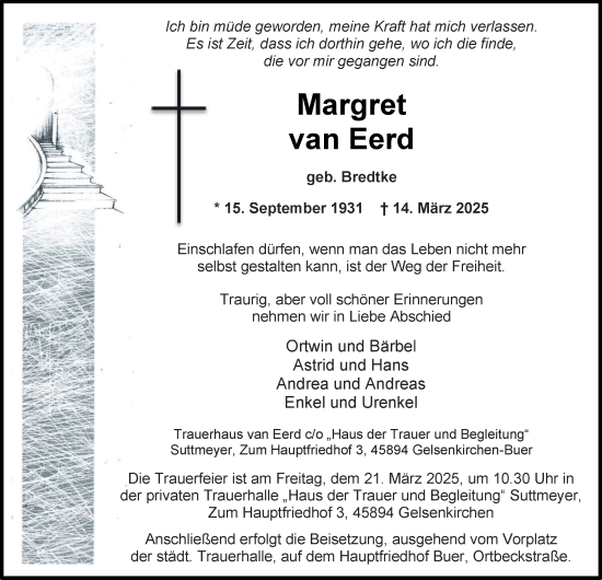 Traueranzeige von Margret van Eerd von Tageszeitung