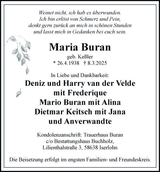 Traueranzeige von Maria Buran von Tageszeitung