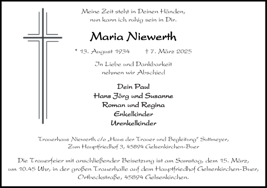 Traueranzeige von Maria Niewerth von Tageszeitung