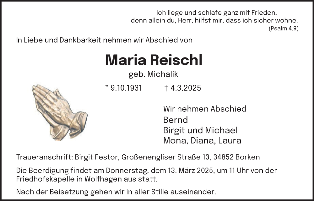  Traueranzeige für Maria Reischl vom 08.03.2025 aus Tageszeitung