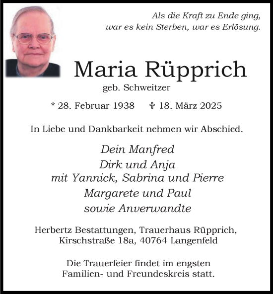 Traueranzeige von Maria Rüpprich von Tageszeitung