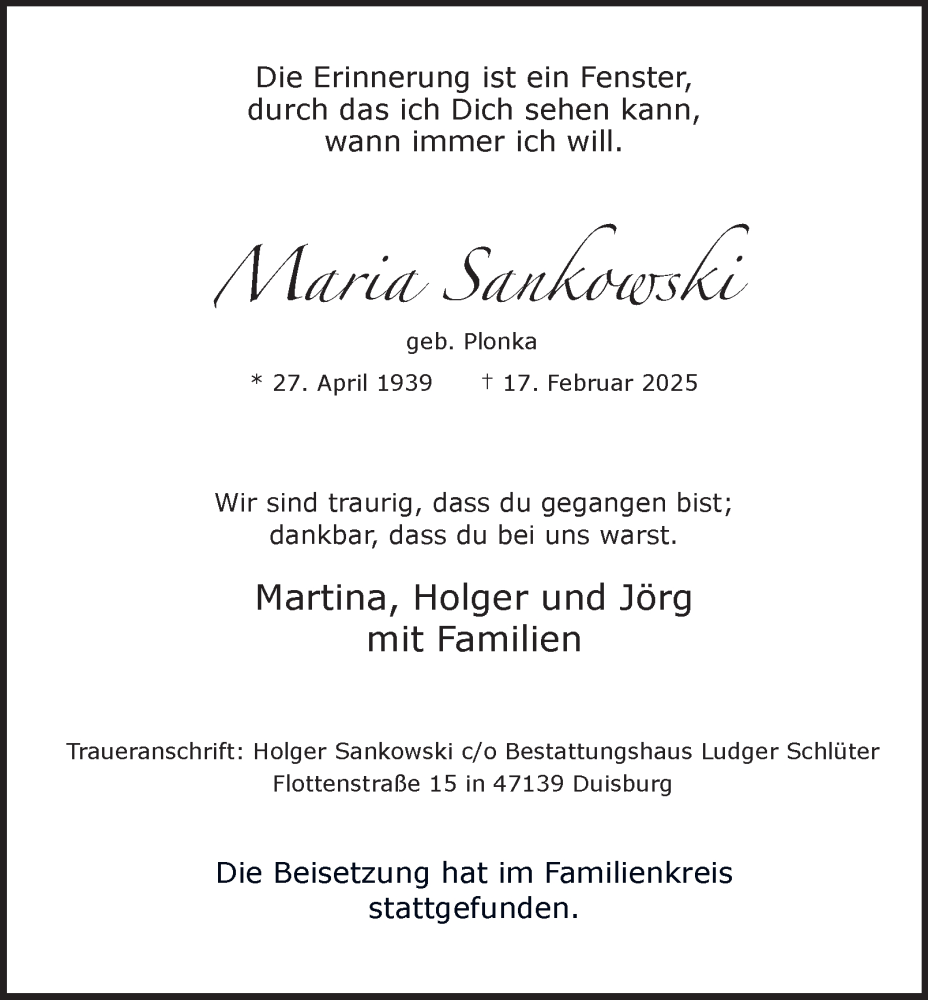  Traueranzeige für Maria Sankowski vom 01.03.2025 aus Tageszeitung