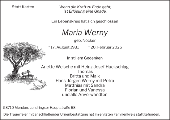 Traueranzeige von Maria Werny von Tageszeitung