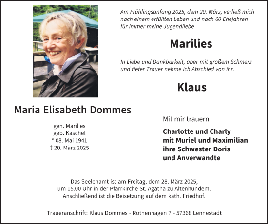 Traueranzeige von Maria Elisabeth Dommes von Tageszeitung