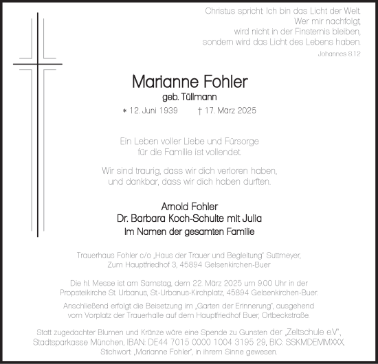 Traueranzeige von Marianne Fohler von Tageszeitung