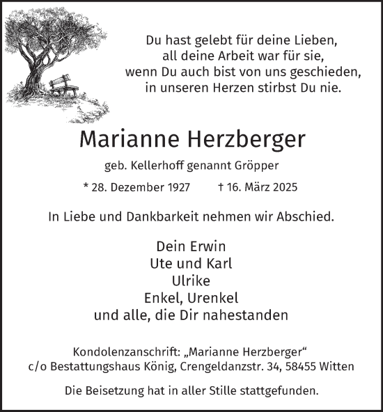 Traueranzeige von Marianne Herzberger von Tageszeitung