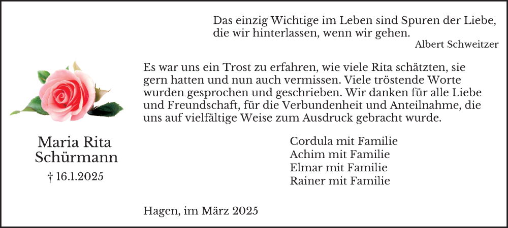  Traueranzeige für Maria Rita Schürmann vom 08.03.2025 aus Tageszeitung
