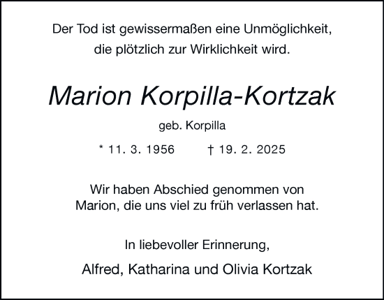 Traueranzeige von Marion Korpilla-Kortzak von Tageszeitung