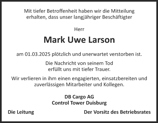 Traueranzeige von Mark Uwe Larson von Tageszeitung