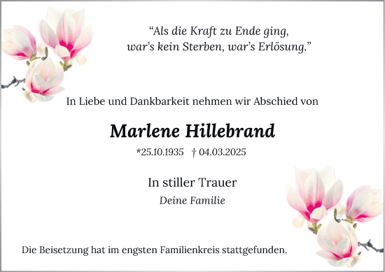 Traueranzeige von Marlene Hillebrand von Tageszeitung