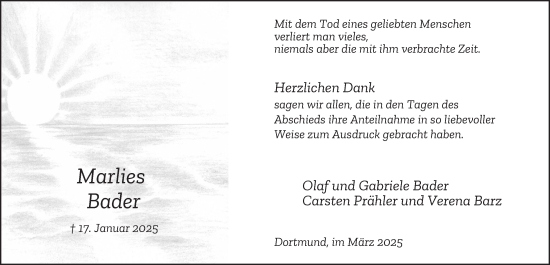 Traueranzeige von Marlies Bader von Tageszeitung