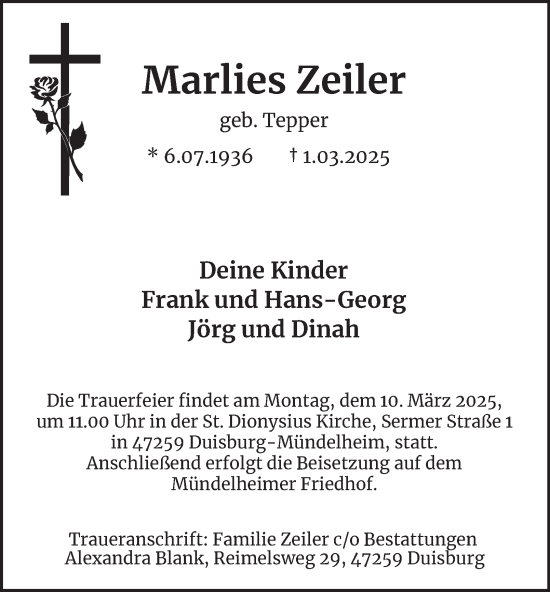Traueranzeige von Marlies Zeiler von Tageszeitung