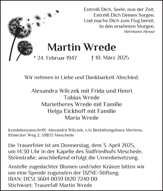Traueranzeige von Martin Wrede von Tageszeitung