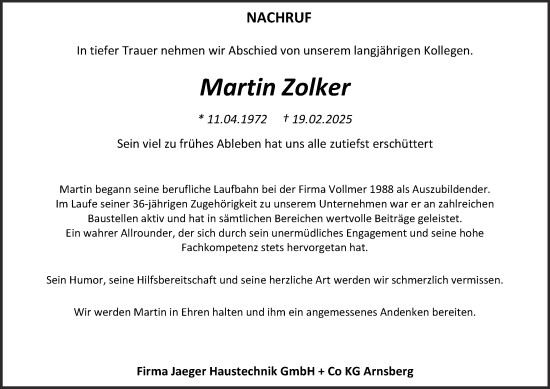 Traueranzeige von Martin Zolker von Tageszeitung