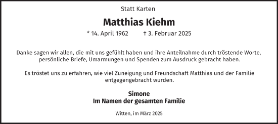 Traueranzeige von Matthias Kiehm von Tageszeitung