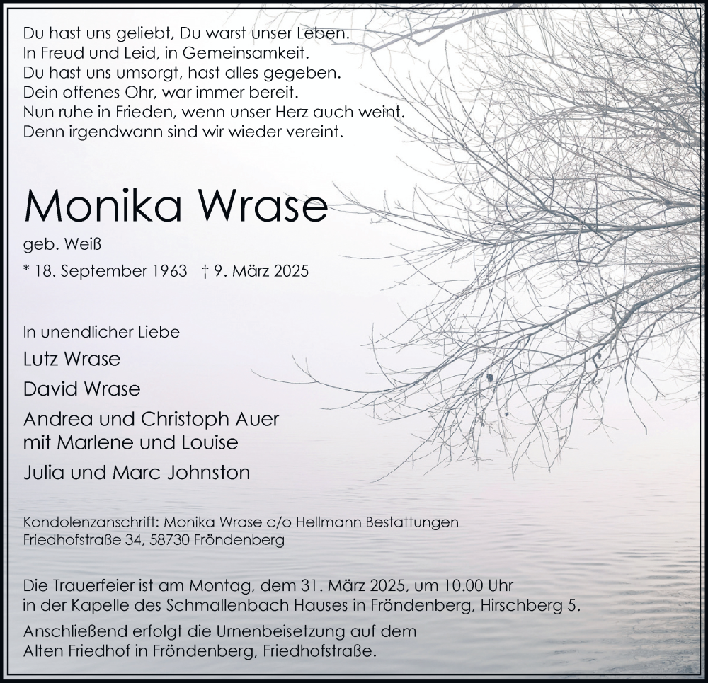  Traueranzeige für Monika Wrase vom 22.03.2025 aus Tageszeitung