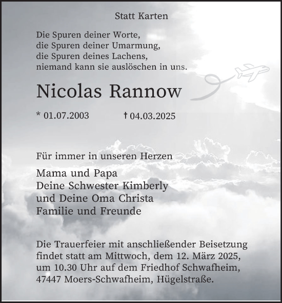Traueranzeige von Nicolas Rannow von Tageszeitung