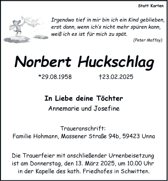 Traueranzeige von Norbert Huckschlag von Tageszeitung