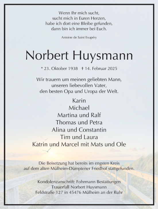 Traueranzeige von Norbert Huysmann von Tageszeitung