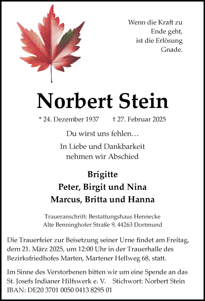  Traueranzeige für Norbert Stein vom 08.03.2025 aus Tageszeitung