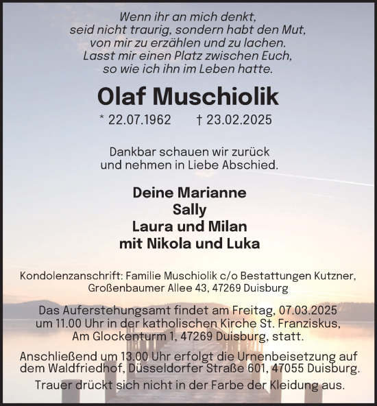 Traueranzeige von Olaf Muschiolik von Tageszeitung