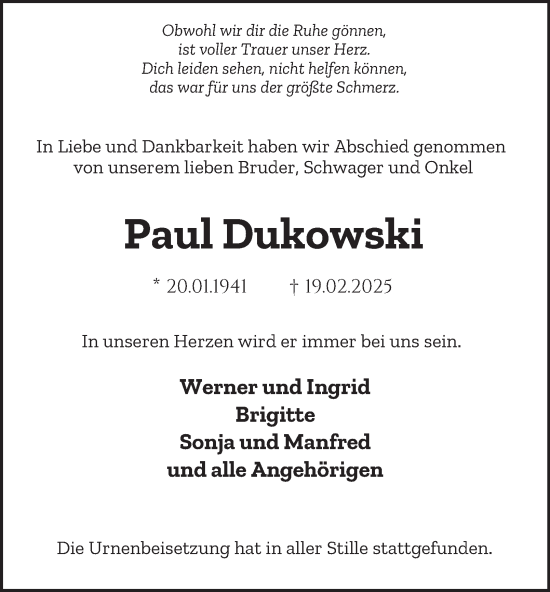 Traueranzeige von Paul Dukowski von Tageszeitung