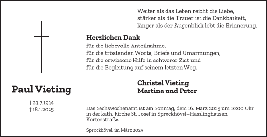 Traueranzeige von Paul Vieting von Tageszeitung