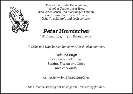 Traueranzeige von Peter Hornischer von Tageszeitung