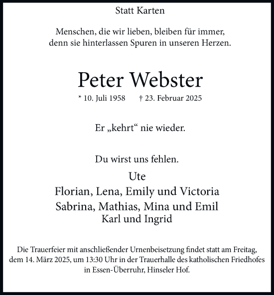 Traueranzeige von Peter Webster von Tageszeitung