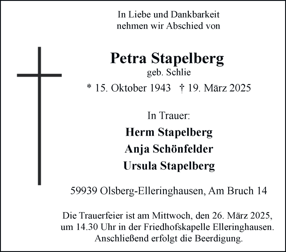  Traueranzeige für Petra Stapelberg vom 26.03.2025 aus Tageszeitung