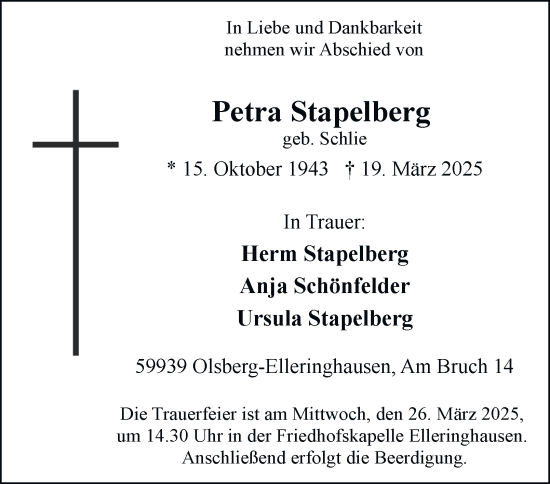 Traueranzeige von Petra Stapelberg von Tageszeitung