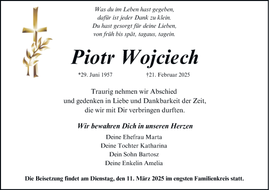 Traueranzeige von Piotr Wojciech von Tageszeitung