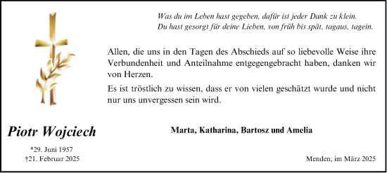Traueranzeige von Piotr Wojciech von Tageszeitung